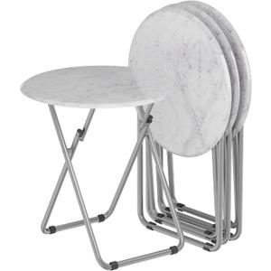 TV Trays Table Set of 4 Round Portable Folding TV Tray Table TV Dinner Tray with Sturdy MDF, No Assembly Required, 17.5 x 17.5 x 26 in (White Marble, 4Pcs)