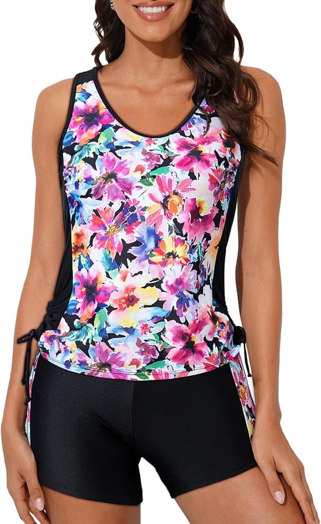 Dokotoo Women's Tankini Swimsuits 2025 Two Piece Bathing Suits Tummy Control Swim Tank Top with Boy Shorts (Multicolor) L