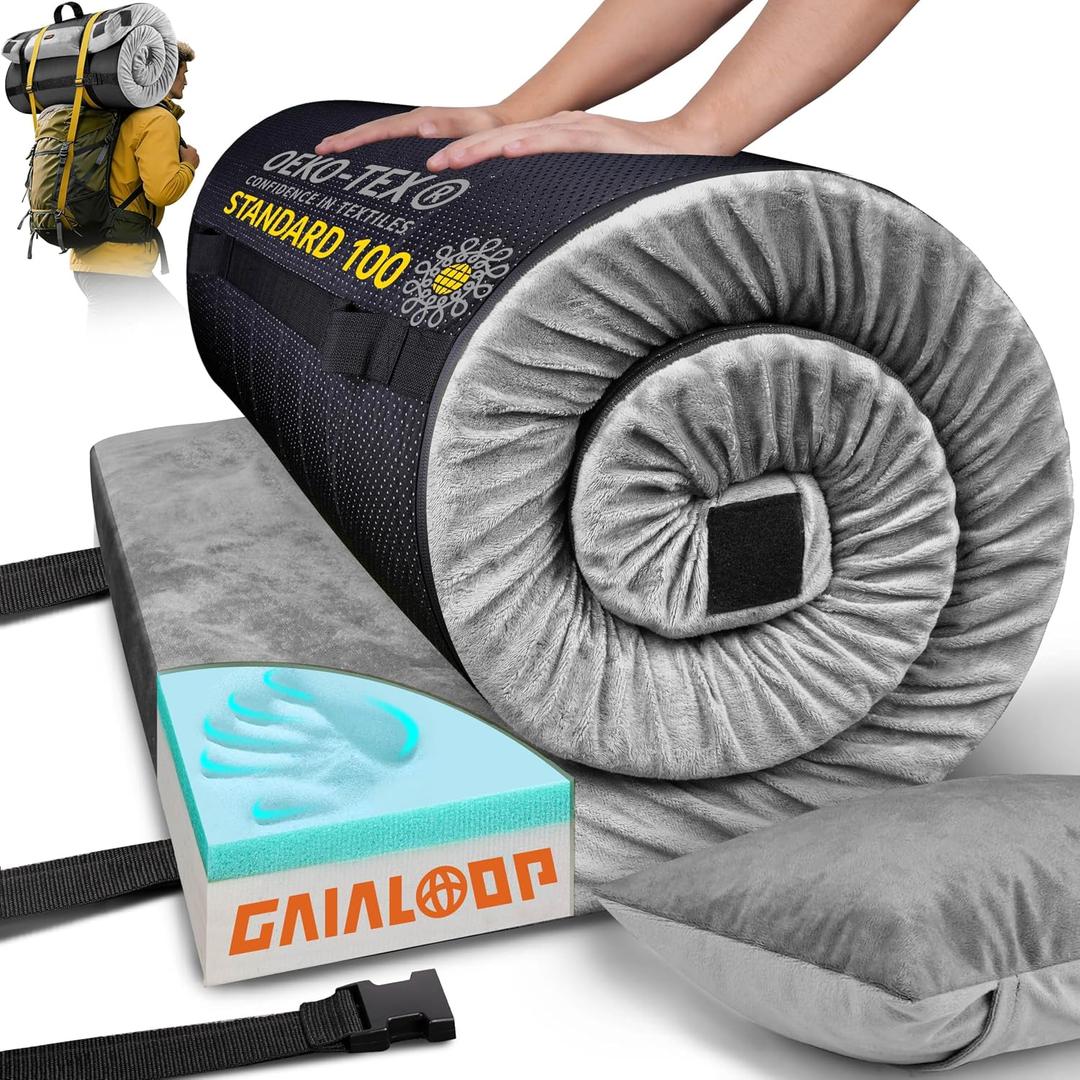GAIALOOP 3 Inch Memory Foam Camping Mattress, Dual Layer Thick Sleeping Camp Pad for Car Tent Cot, Roll-Up Portable Glamping Floor Bed for Guests Sleepover, Twin: 75*38*3"