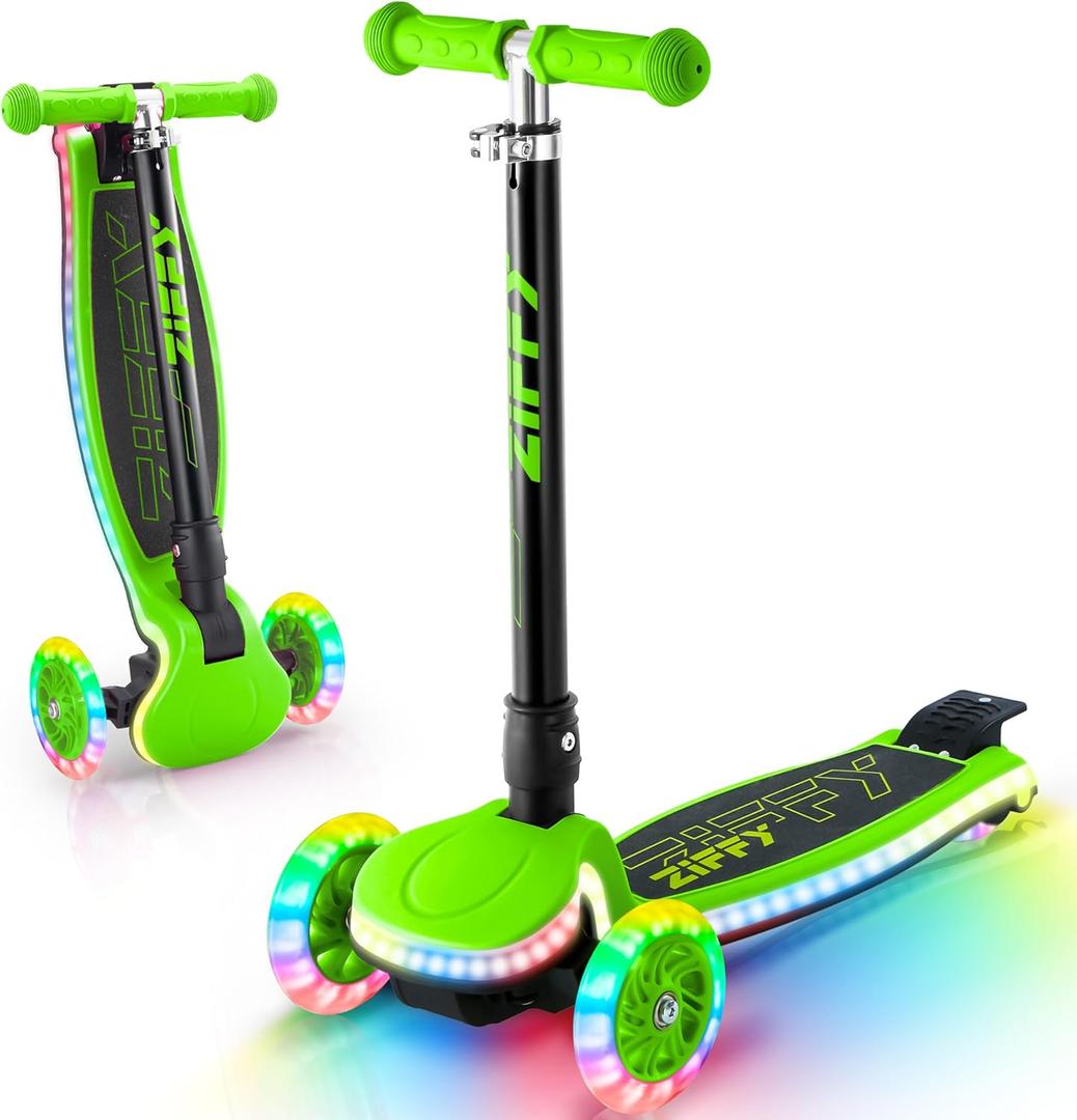 ZIFFY 3-Wheel Light-Up Kids Scooter, Kids Balance Scooter for Boys Girls with 20 Dynamic LED Lights, 4 Adjustable Height, Lean-to-Steer Design with Anti-Slip Wide Surface for Stability - Up to 110LBS (Green)