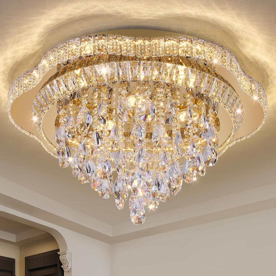 24" Gold Crystal Flush Mount Chandelier with Remote
