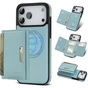 for iPhone 17 pro Wallet Case, 2-in-1 Detachable Phone Case, Card Holder RFID Blocking, Fashionable Faux Leather Card Slot & Folding Design (Blue)