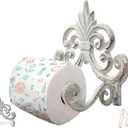 Fleur De Lis Cast Iron Toilet Paper Holder  Wall Mounted Tissue Dispenser  European Vintage Design  7.28" x 6.29" x 3.74"  Includes Screws and Anchors  Antique White