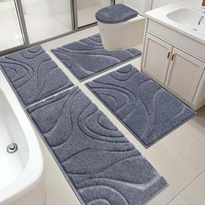 HEBE Bathroom Rugs Sets 5 Piece, Soft Absorbent Microfiber Bath Mat for Bathroom, Non Slip Washable Bath Rug Set with Toilet Cover, Bath Runner and U-Shaped Contour Toilet Rug, Dark Grey (18"x26"+20"x32"+20"x48"+U20"x24"+Cover19"x21")
