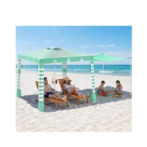 Rhino Valley Beach Cabana, 120 Sq. Ft Beach Canopy UPF50+ Protection, Easy Setup & Adjustable Height Beach Tent Sun Shelter with Cup Holder, Portable for 4-8 People, Light Green & White Stripes