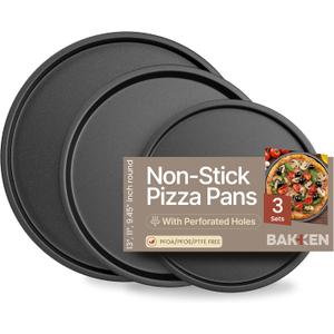 BAKKENMASTER Bakken Swiss Pizza Tray Set 3-Piece  Gray Coating, Non-Stick, Round Steel Pizza Pans - Dishwasher Safe, Premium Bakeware for Home Cooking