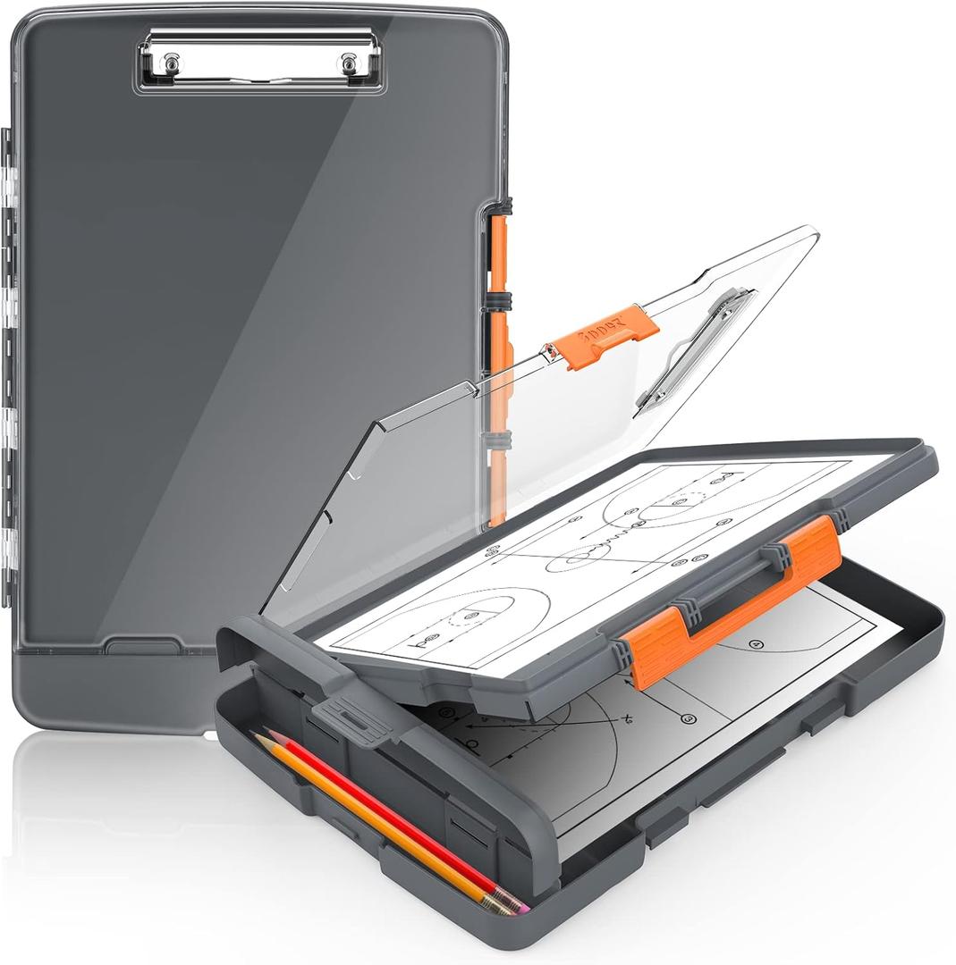 Sooez Original Clipboard with 2 Storage & Pen Holder, Heavy Duty Clip Boards 8.5x11 with Dual Storage, Clearview Dry Erase Coach Clipboard with Real Hinge, High Capacity, School & Office Supplies (Gray + Orange)