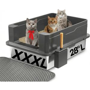 XXXL Stainless Steel Cat Litter Box – Extra Large 28" L x 20" W with High Sides & Lid, Non-Stick, No Odor, Leak-Proof Metal Boxes for Large & Multiple Cats, Easy to Clean Lites