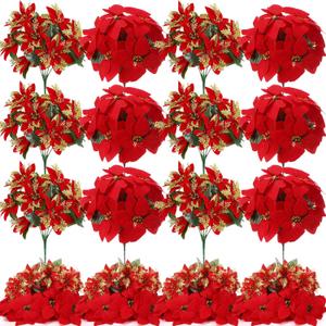 Hotop 12 Bundles Christmas Glitter Poinsettia Artificial Bushes 12.6 Inch Poinsettia Flowers Bushes Christmas Decorations Ornaments for Indoor Outdoor (Red,Red and Gold)