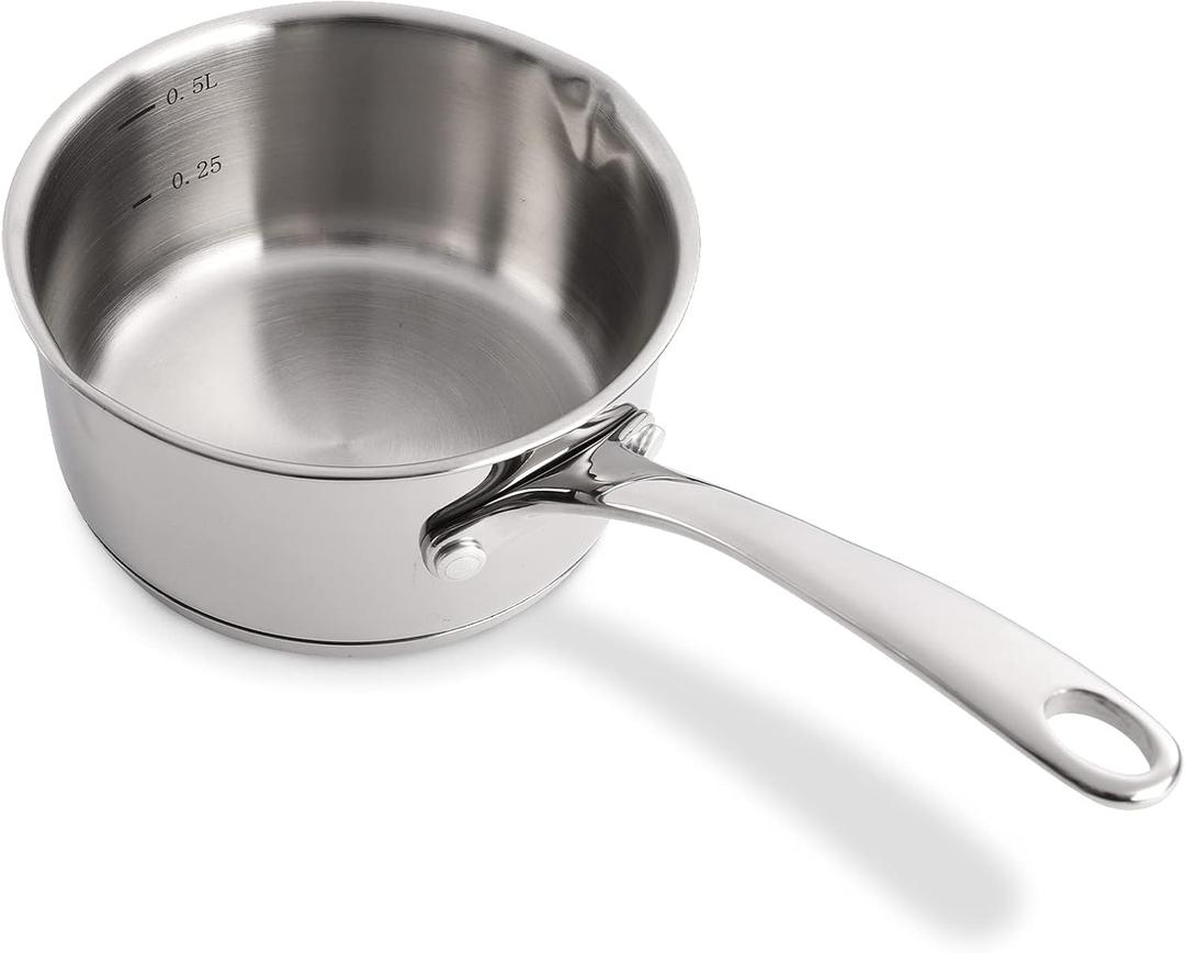 DEAYOU 18/10 Stainless Steel Butter Warmer Measuring Pan, 0.5-Quart Milk Warmer Pot with Dual Pour Spouts, 17OZ Small Sauce Pan for Stove Top, Chocolate Melting, Coffee Tea Soup Warming