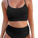 Herseas Women 2 Piece Bikini Set High Waisted Color Block Swimsuit 2025 Summer Beach Scrunch Ribbed Bathing Suit (Black, XL)