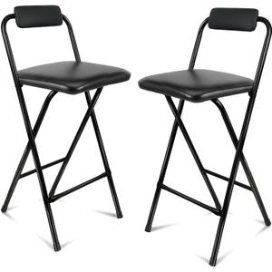Folding Bar Stool with Back, 2 PCS Tall Foldable Stool Chair Portable Adult Counter Height Seat Leather Padded Kitchen Shop Comfortable and Sturdy 25.5 Inch