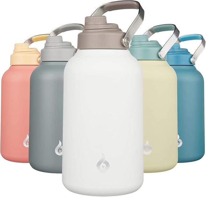 BJPKPK 1 Gallon Water Bottle Insulated, Dishwasher Safe 128oz Large Water Jug with Metal Handle & BPA Free Spout Lid, Stainless Steel Metal Jug for Gym, Sports & Hiking, Milky White