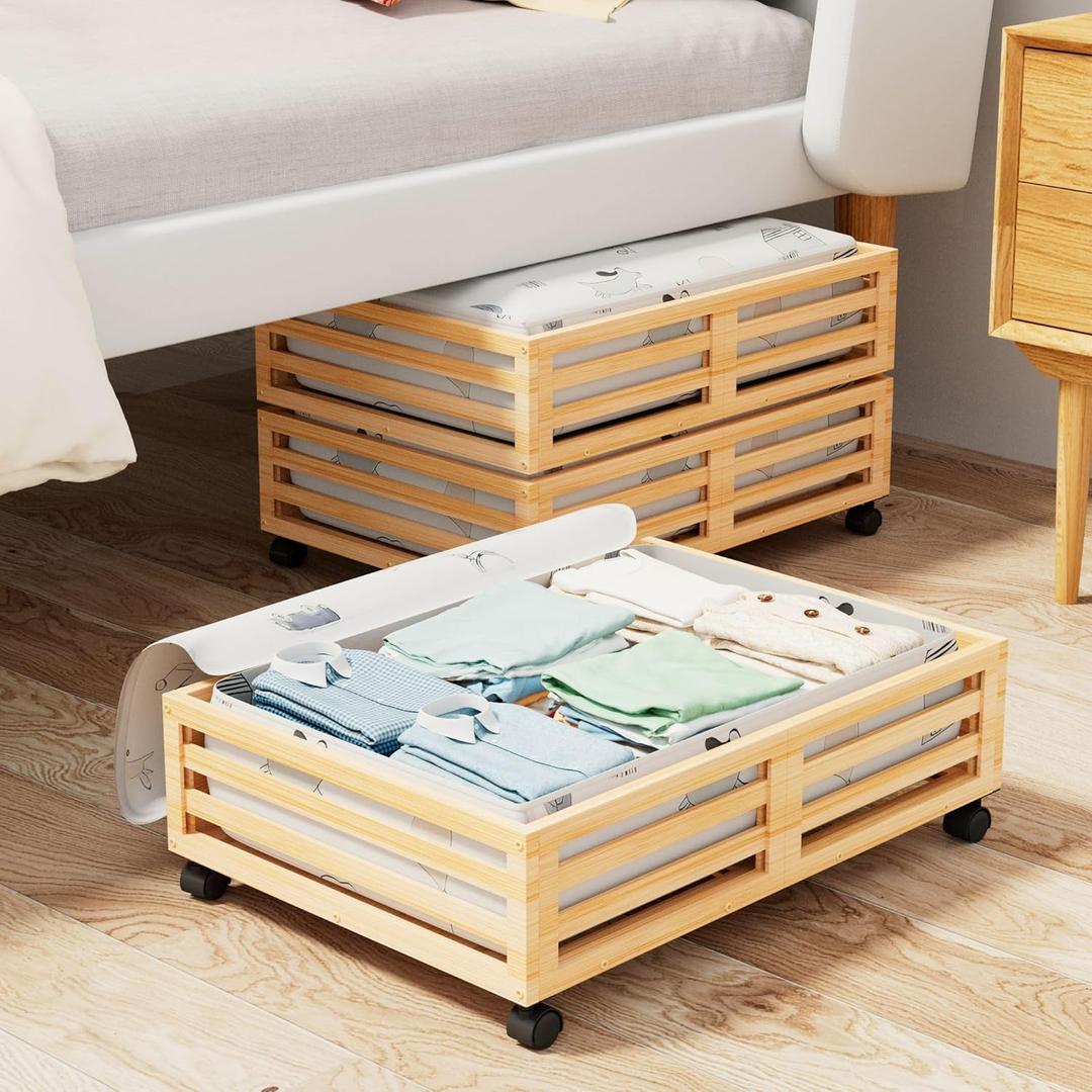 Bamboo Under Bed Storage Containers- Underbed Organizer with Wheels with Large Capacity Dust Bag,Sturdy Wood Rolling Under Bed Shoe Storage Organizer 2 Packs (Nature, 2 Packs (23.62"16.54"))