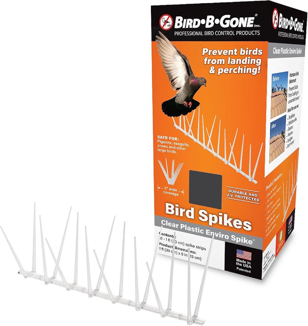 Bird B Gone - EnviroSpike Plastic Anti Bird Spikes (10' Kit) - Humane Deterrent - Stops Pigeons & Birds from Roosting - UV-Stabilized Polycarbonate - for Rooftops, Ledges, Fences, Etc - Made in USA (10 Feet Long) Bird B Gone - EnviroSpike Plastic Anti Bird Spikes (10' Kit) - Humane Deterrent - Stops Pigeons & Birds from Roosting - UV-Stabilized Polycarbonate - for Rooftops, Ledges, Fences, Etc - Made in USA (10 Feet Long)