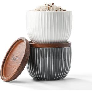 Ceramic Salt and Pepper Bowls: 10 oz Stackable Spice Cellar with Wooden Lid - Stacked Seasoning Storage Containers for Kitchen Countertop - Grey & White, Set of 2