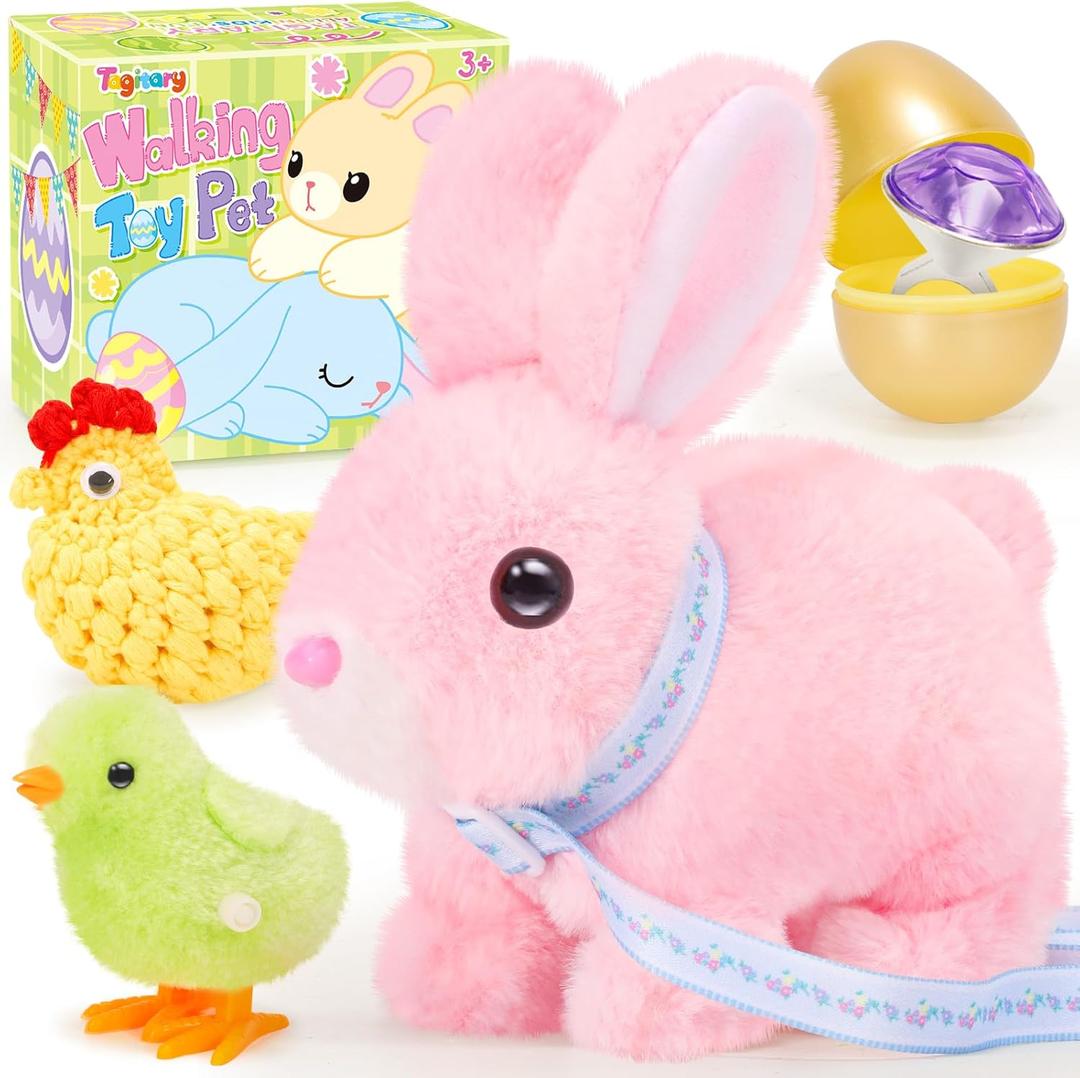 Tagitary Plush Toys Walking Bunny for Kids,Easter Stuffed Bunny with Sounds,Interactive Toys with Leash,Golden Egg,Wind Up Toy, Can Hop,Wiggle Ears,Twitch Nose,Ideal Easter Gifts for Toddlers (Pink)