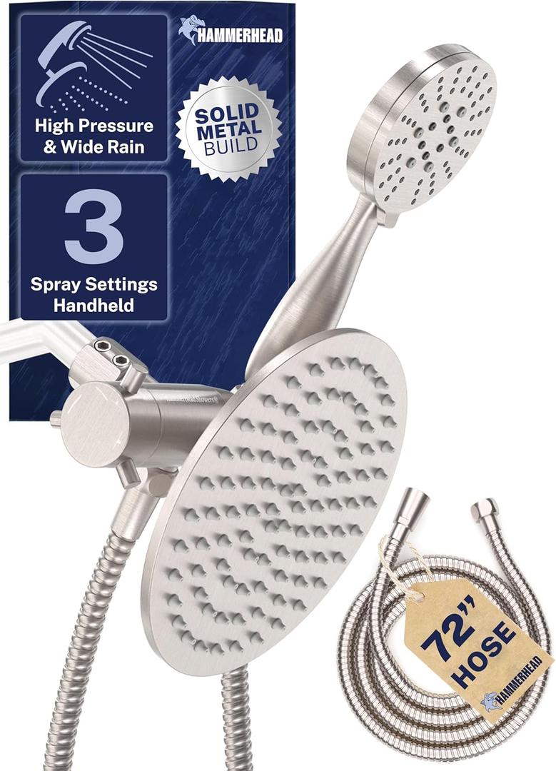 HammerHead Showers Dual Shower Head Combo, 8-Inch Rainfall & 3-Flow Handheld, Brushed Nickel, 2.5 GPM