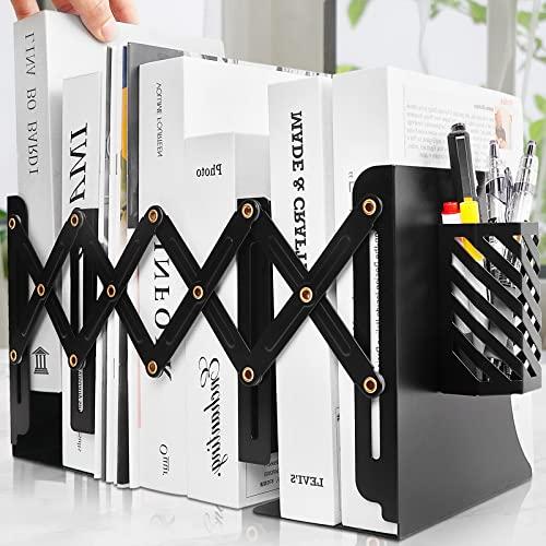 Heavy Duty Book End to Hold Books + Detachable Pen Holder, Adjustable Bookends Book Holder for Shelves, Decorative Book Organizer for Desk, Sturdy Metal Book Ends Binder Holder for Tabletop