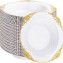 100PCS Gold Plastic Bowls - 12 oz White Disposable Salad Bowls - Heavy Duty Soup Serving Bowl - Fancy Plastic Ice Cream Bowl for Weddings, Parties, Dinners, Catering, Picnics