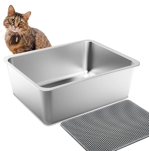 UWANGPET Stainless Steel Cat Litter Box,Odour Proof Litter Pan, Non-Stick, Easy to Clean, Rust Resistant, Non-Slip Rubber Feet