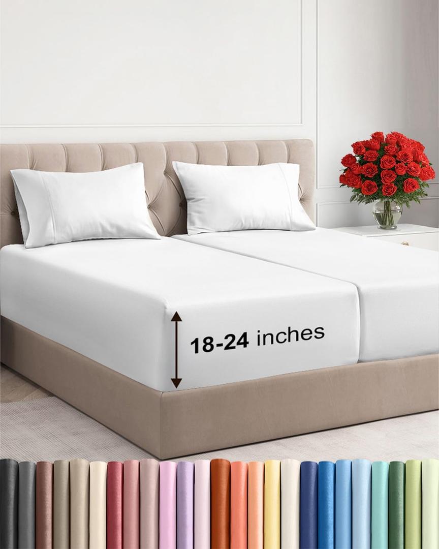 Extra Deep Pocket Split King Sheets - 5 Piece Breathable & Cooling Bed Sheets - Hotel Luxury Bed Sheet Set - Soft, Wrinkle Free & Comfy - Easily Fits Extra Deep Mattresses - Deep Pocket White Sheets