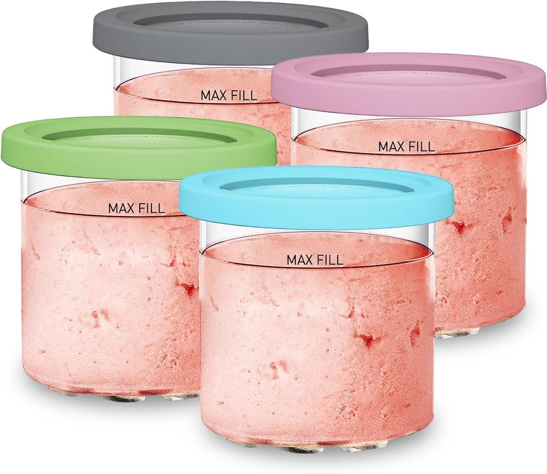 For Ninja Creami NC299AMZ & NC300s Series Ice Cream Makers, BPA-Free &Dishwasher Safe, 16oz Pints with Lids 4 Pack - Assorted Colors, Ice Cream Containers (Grey/Pink/Green/Blue)