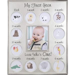 Malden International Designs My First Years Beaded Two Tone Silver Metal Picture Frame, 3 Option, 1-3.5x4 & 12-1x1, Silver