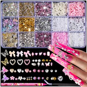 10000pcs Nail Charms and Gems:Pink Cute Bow Heart 3D Flower Charms for Junk Cases kit;Gold Chunky Butterfly Charms for Nails Design,Nail jewels Diamond Rhinestones for Nails;Beads Pearls for Nails Art (15 grids-A)