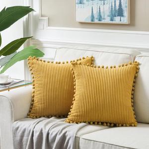 Fancy Homi Pack of 2 Farmhouse Decorative Throw Pillow Covers with Pom-poms, Soft Corduroy Solid Square Cushion Cases Set for Couch Sofa Bedroom Car Living Room (18x18 Inch/45x45 cm, Mustard Yellow)