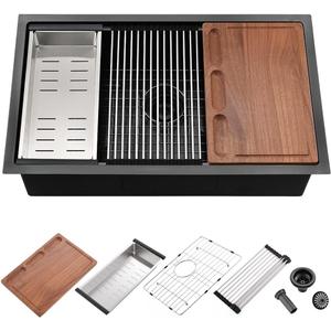 28 Inch Black Undermount Kitchen Sink Workstation-iAnomla 28x18 Kitchen Sink Undermount 16 Gauge Deep Stainless Steel Single Bowl Undermount Workstation Sink with Cutting Board