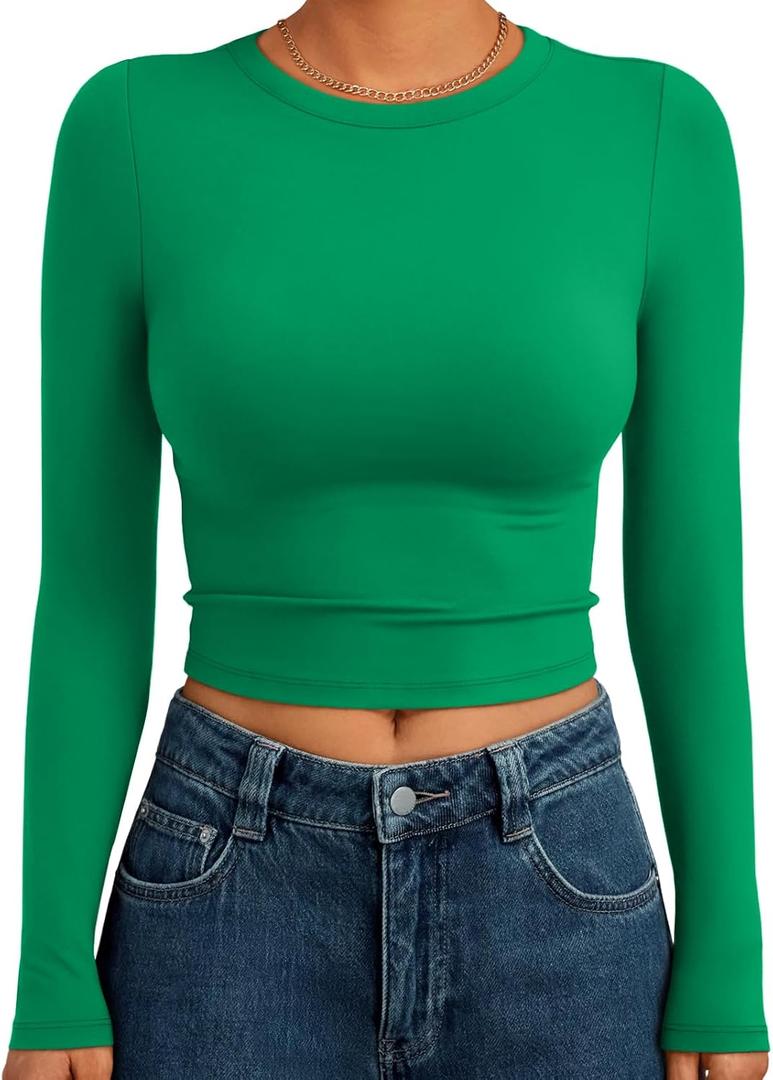 Trendy Queen Womens Long Sleeve Crop Tops Basic Slim Fitted Shirts Spring Fashion Outfits 2026 Teen Girl Clothes (Medium, Green)
