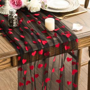 Artoid Mode Black and Red Heart Gauze Table Runner 120 Inch 10FT, Mother's Day Sheer Dining Anniversary Wedding Table Decor for Home Party (28" x 120")