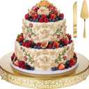 Wenqik 20 Inch Gold Cake Stand Set Metal Round Cupcake Dessert Stand with Cake Cutting, Spatula Wedding Cupcake Pastry Display Candy Holder Display for Wedding Party Birthday Baby Shower(Classic)