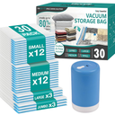 Cozy Essential Travel Vacuum Storage Bags with Rechargeable Cordless USB Pump, Space Saver Bags for Luggage, Suitcase, CarryOn, for Clothes, Blankets, Bedding & Seasonal Storage, 30 Combo