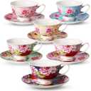BTaT- Tea Cups and Saucers, Set of 6, 8 oz, Floral Design, Porcelain Tea Cup Sets, Dishwasher Safe (Multicolor)