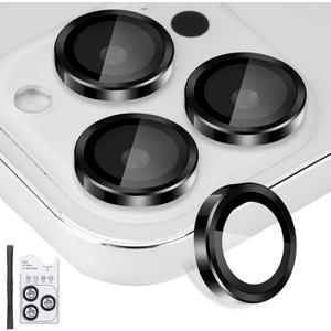 Camera Lens Protector for iPhone 16 Pro & iPhone 16 Pro Max, Tempered Glass Lens Protector Aluminum Alloy Ring Camera Cover Fits for iPhone 16 Pro/16 Pro Max (Black)