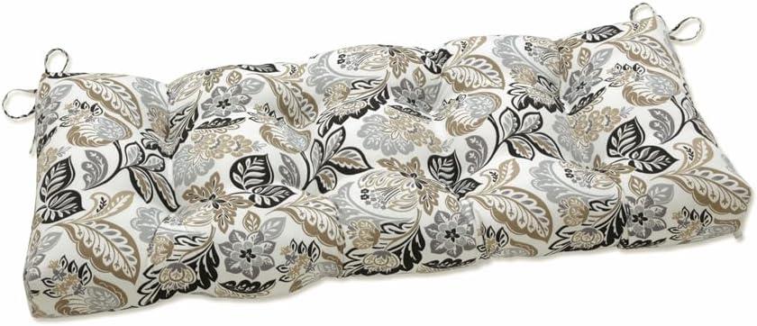 Pillow Perfect Floral Indoor/Outdoor Sofa Setee Bench Swing Cushion with Ties, Tufted, Weather, and Fade Resistant, 18" x 44", Black/Tan Dailey, Set of 3