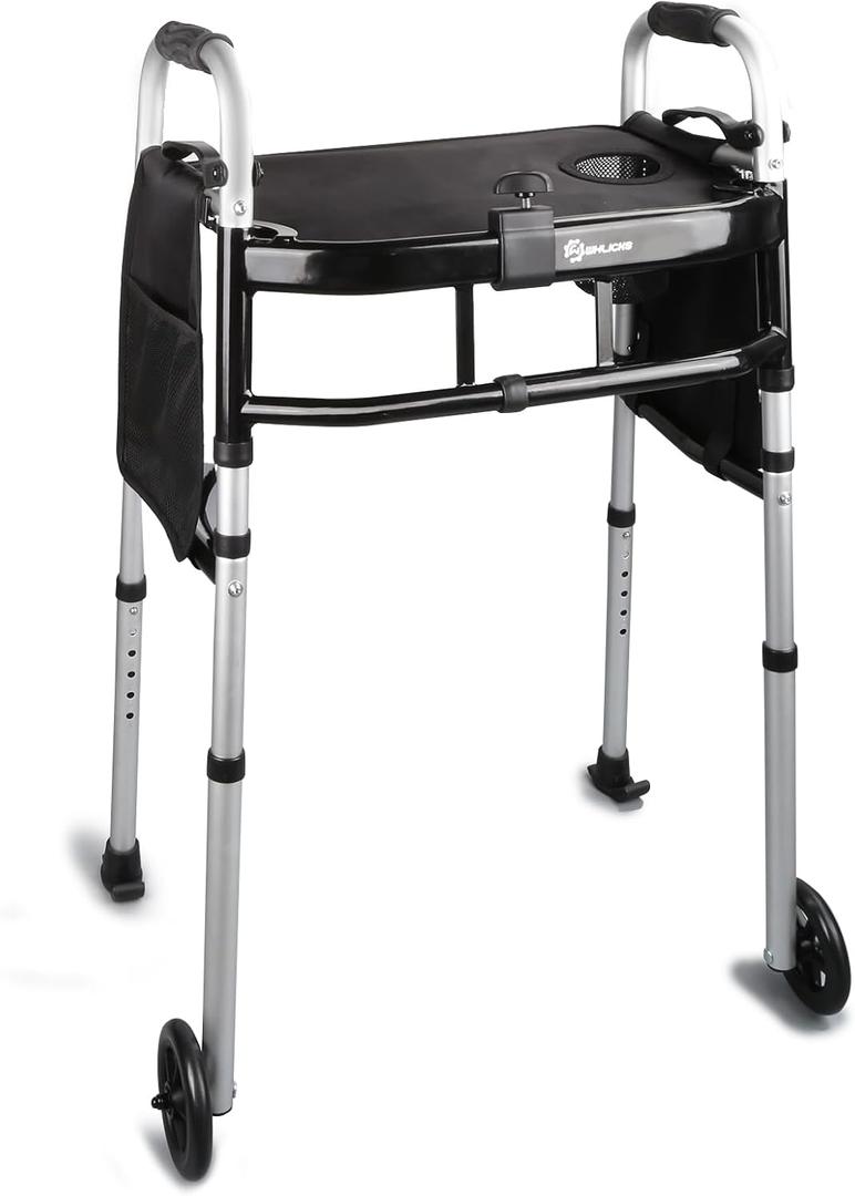 Folding Walker with Tray, 5" Wheels Lightweight Walkers for Seniors and Adults, Supports Up to 350 Pounds, Adjustable Height, Compact Standard Walker, Black