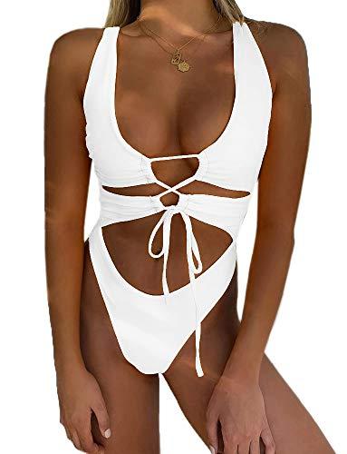 CHYRII Women's White Sexy Cutout Lace Up Backless High Cut One Piece Swimsuit Monokini M