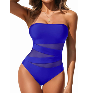 Holipick Women Strapless Bandeau One Piece Swimsuits Sexy Mesh Cutout Bathing Suits Tummy Control Swimwear, M