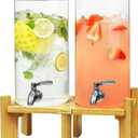 L'PICA 1.5 Gallon Drink Dispenser for Parties 2 PCS, Beverage Dispenser Set of 2, Glass Drink Dispensers with Wood Stand, Large Drink Dispenser with Stainless Steel Spigot 100% Leakproof, Wood Lid.