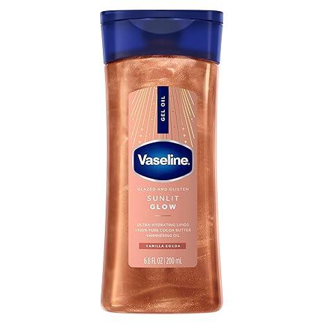 Vaseline Glazed and Glisten Sunlit Glow Body Gel Oil Vanilla Cocoa Shimmering with UltraHydrating Lipids and 100% Pure Cocoa Butter, 6.8 Oz