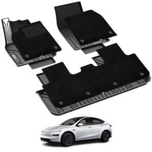 3W Tesla Model Y Juniper Floor Mats with Carpets, Metal Pedal, Double Layer, All Weather TPE Waterproof Custom Fit Automotive Car Floor Liners, Vigormold™
