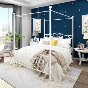 Canopy Full Bed Frame Platform Heavy Duty Steel Slat and Support with Headboard and Footboard No Box Spring Required （White）