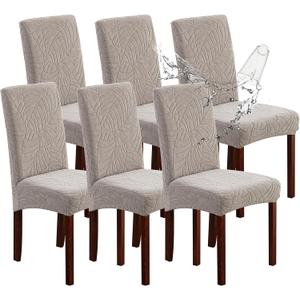 Genina Waterproof Chair Covers for Dining Room 6 Pack, Stretch Jacquard Dining Chair Cover Removable Washable Chair Protectors Cover for Kitchen, Home (Leaves-Warm Gray, 6 PCS)