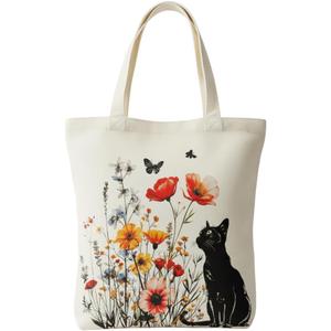 NAMQUL Cute Black Cat Canvas Tote Bag for Women with Zipper Pockets - Large Reusable Shopping, Grocery, Gym & Book Carry Bag, Aesthetic Work Tote Design, Eco-Friendly Gift for Cat Lovers