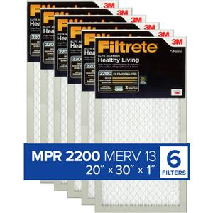 Filtrete 20x30x1 AC Furnace Air Filter, MERV 13, MPR 2200, Elite Allergen, Bacteria & Virus Filter, 3-Month Pleated 1-Inch Electrostatic Air Cleaning Filter, 6-Pack (Actual Size 19.81x29.81x0.78 in)