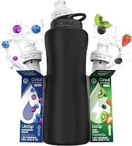 Cirkul 32oz. Matte Black Stainless Steel Water Bottle Starter Kit with Black Lid and 2 Flavor Cartridges (1 LifeSip Blueberry Grape, 1 GoSip Kiwi Berry) No Sugar, Zero Calorie Drink Mix