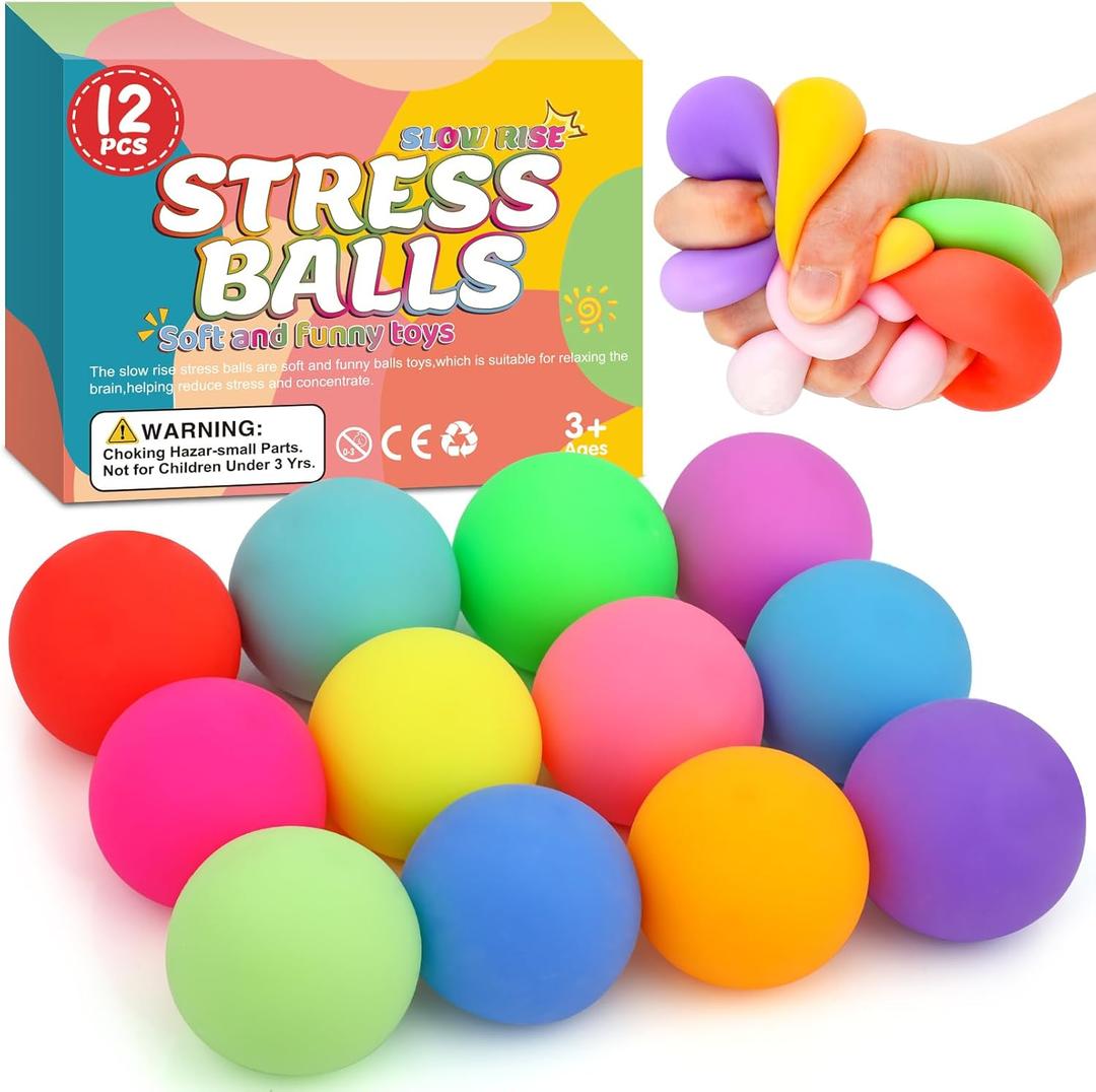 12 Pack Slow Rising Stress Ball, Stress Balls for Kids Adults, Stretchy Fidget Toys for Stress Relief, Hand Therapy Sensory Squishy Ball, Squishy Toys for Kids, Classroom Prize Box Party Favors (1.6 In)
